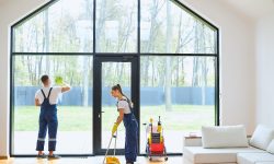 Young cleaners in blue uniform mopping wooden floor, cleaning big panoramic window, preparing country house for selling. Successful cleaning service concept